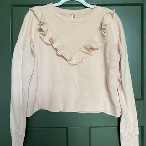 Free People Cream Ruffled Crop Hoodie